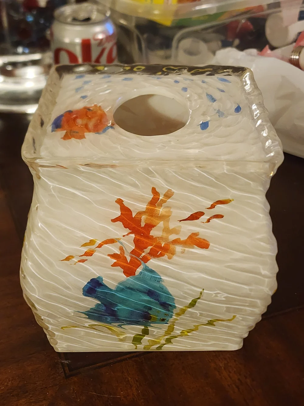 Coastal Glass Tissue Box Cover, Acrylic with Tropical Fish